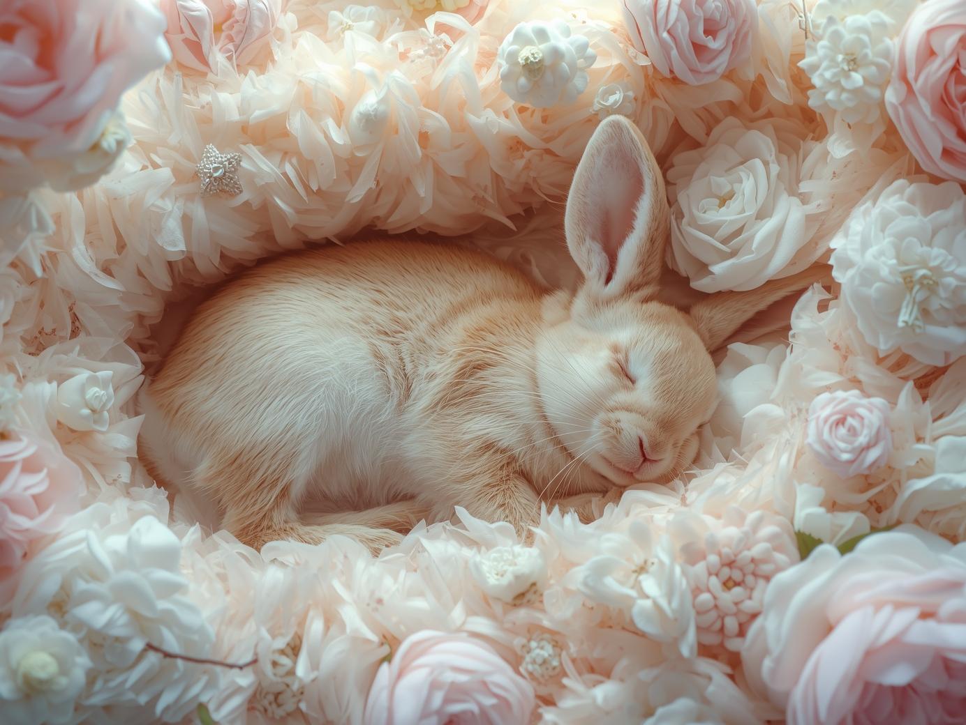 Un lapin mignon qui dort paisiblement dans un lit de fleurs
